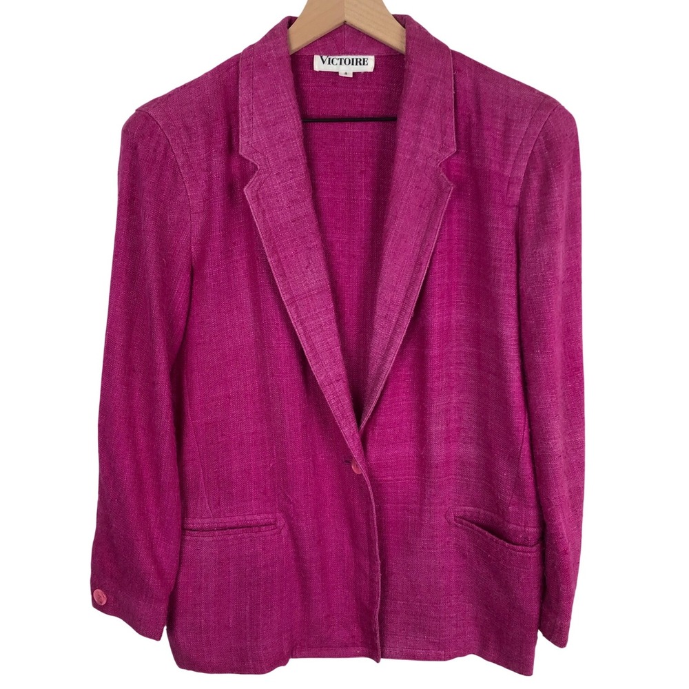 VTG VICTOIRE 100% Pure Raw Silk Blazer Jacket Women's Sz 8 Magenta Pink 80s 90s